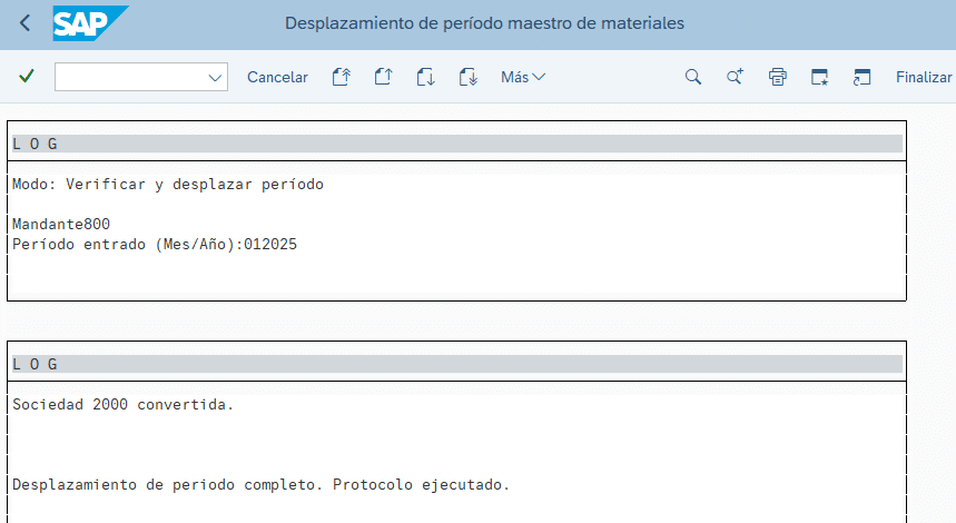 Transacción MMPV - Log de ejecución en desplazamiento de período.