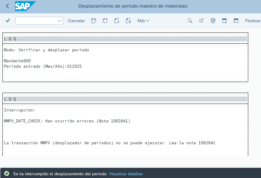 Transacción MMPV - Log de ejecución en desplazamiento de período de ejercicio futuro.